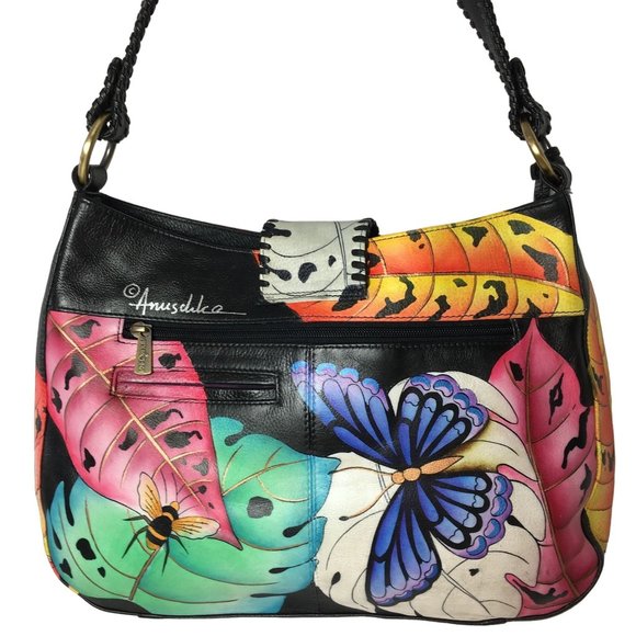 Anuschka NEVER USED Handpaint Leather Shoulder Bag Lady Bugs Butterfly - Picture 3 of 12